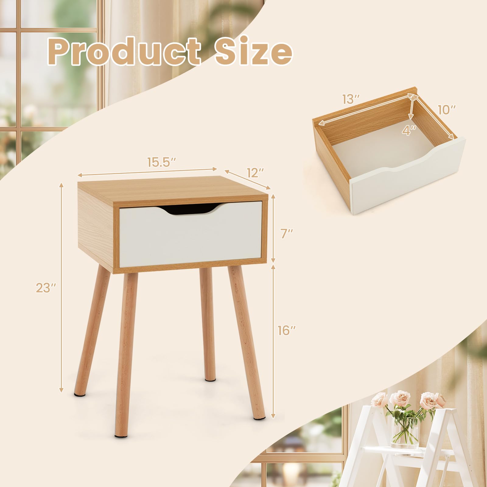 Nightstand Set of 2 with Drawer, Mid Century Modern Bedside Table