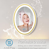 30x20 Inch Oval LED Bathroom Mirror - Gold Frame with Anti-Fog
