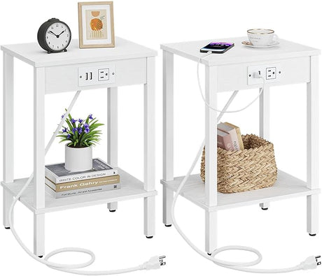 Set of 2 End Table with Charging Station, Narrow Side Table with USB Ports and Outlets,