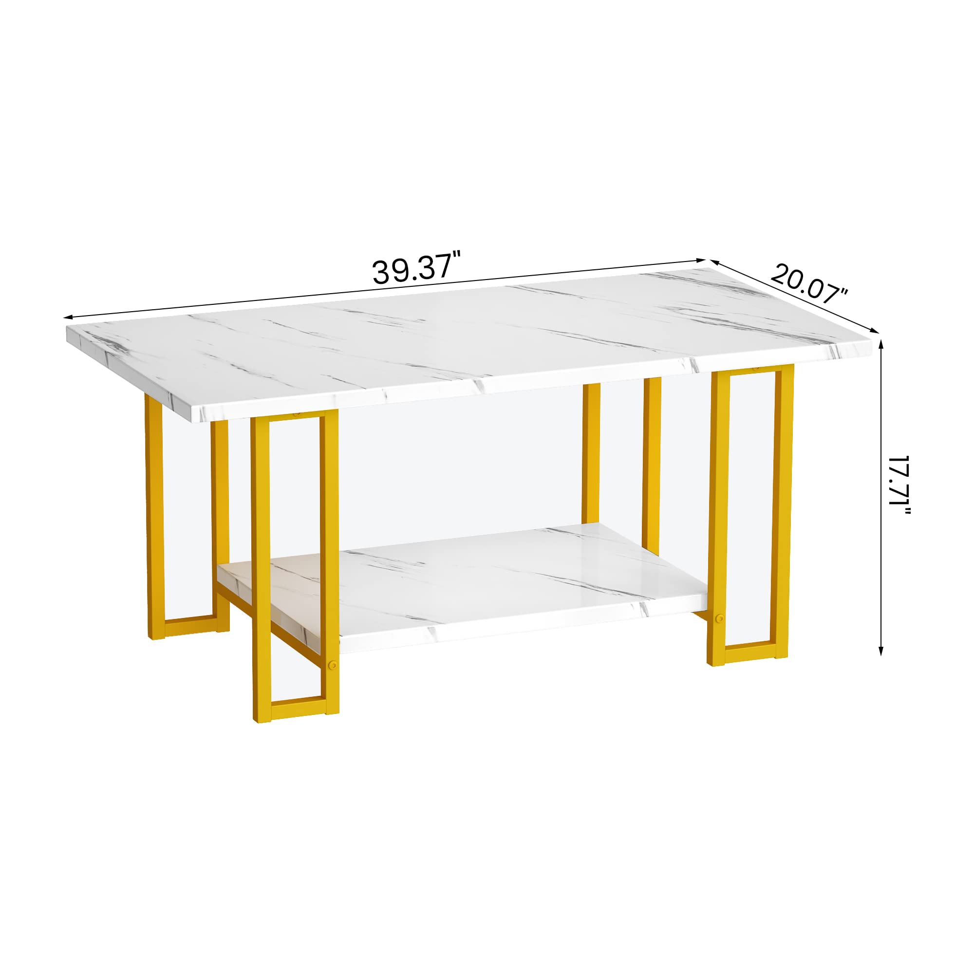 Marble Coffee Table, Faux Marble Top Rectangular Coffee Table with Gold Metal Frame
