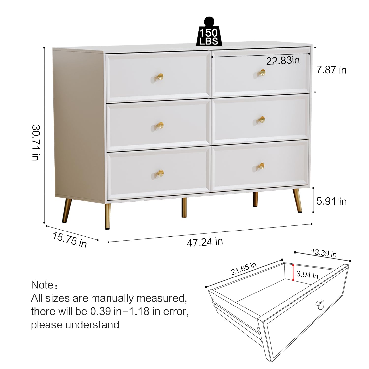 Cream 6 Drawer Dresser for Bedroom, Large Double Dresser with Wide Drawers