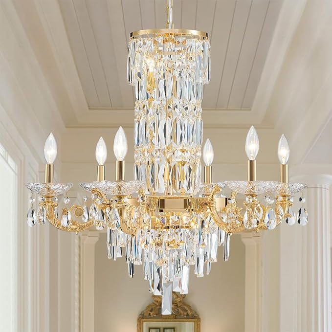 Gold Crystal Contemporary Chandelier Foyer Entryway Lighting, 2-Tier Large Foyer