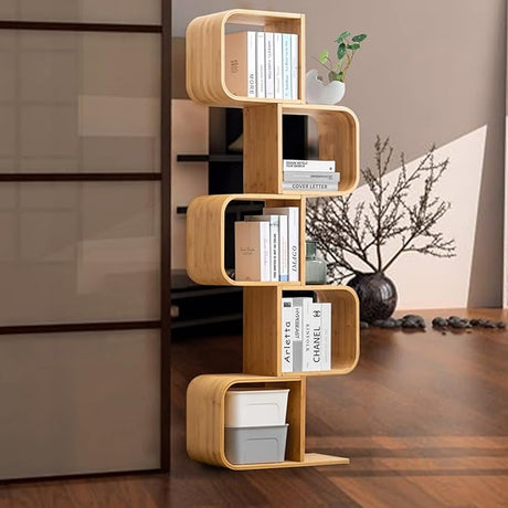 5-Tier S-Shaped Geometric Modern Bamboo Bookshelf, Large Capacity Creative Display Curved Rack Free