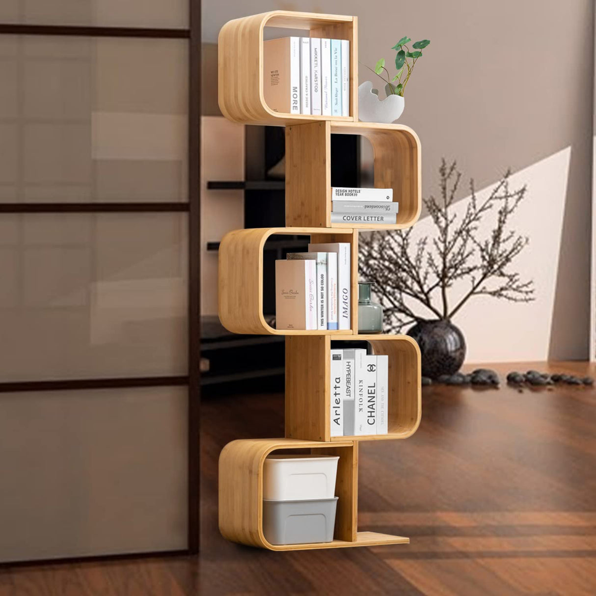 5-Tier S-Shaped Geometric Modern Bamboo Bookshelf, Large Capacity Creative Display Curved Rack Free