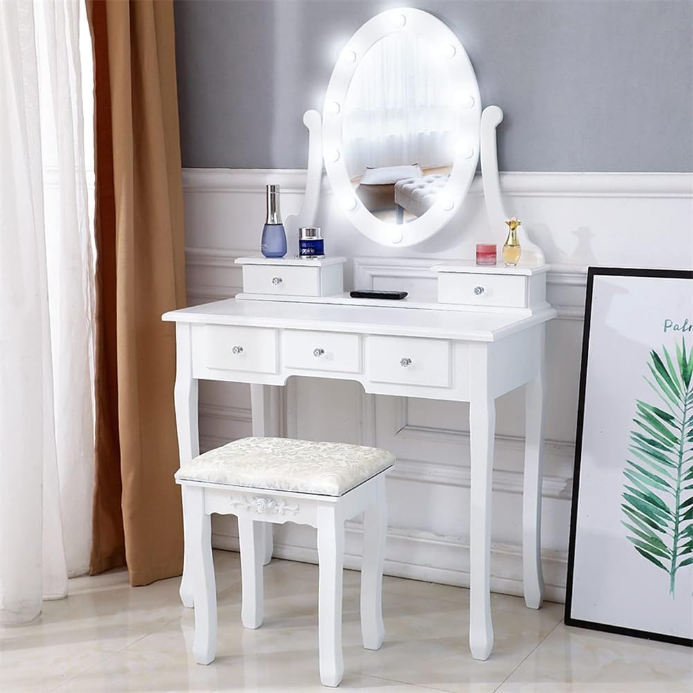 Makeup Vanity Set with Cushioned Stool, Wooden Dressing Table with Oval Mirror and Lights