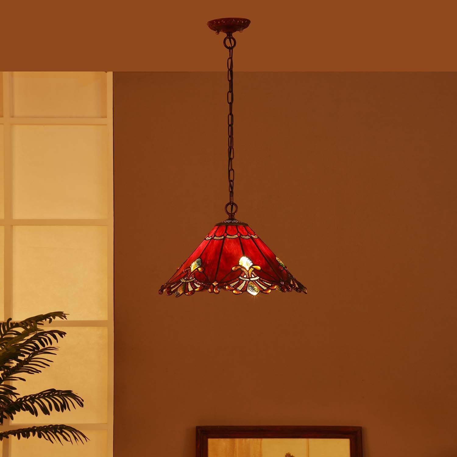 Baroque Tiffany Style Stained Glass Pendant Light - 17 Inch Red Handmade Shade