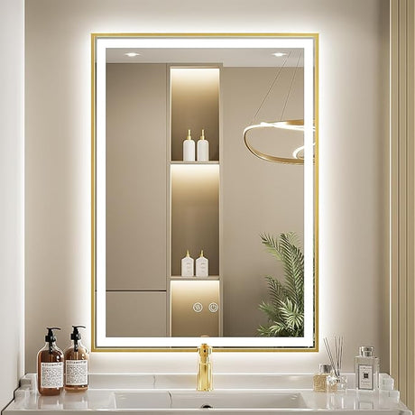 Bathroom Mirror, 28x36 Inch Frontlit & Backlit Gold Framed Lighted Mirror,Wall Mouted