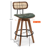 Rattan Bar Stools Set of 2, Faux Leather Counter Height Swivel Barstools