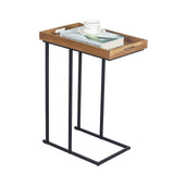 Side Table with Wood Tray, C-Shaped Small End Table for Couch, Sofa Table