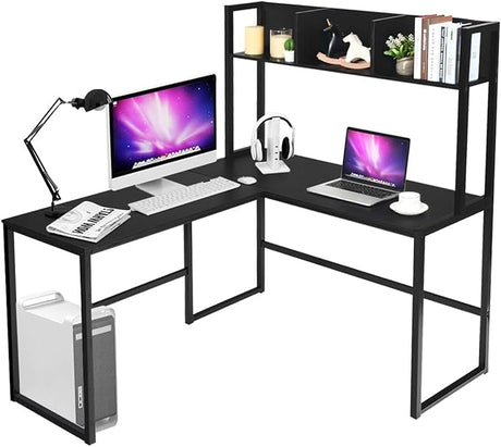 Reversible L-Shaped Desk with Hutch, Space Saving Corner Computer Desk with Storage Shelves, Home Office Study Writing Desk Computer Workstation with Storage Bookshelf, Gaming Desk