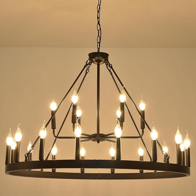 Wagon Wheel Chandelier 2 Tier 40” 22-Light, Height Adjustable Large Modern Industrial