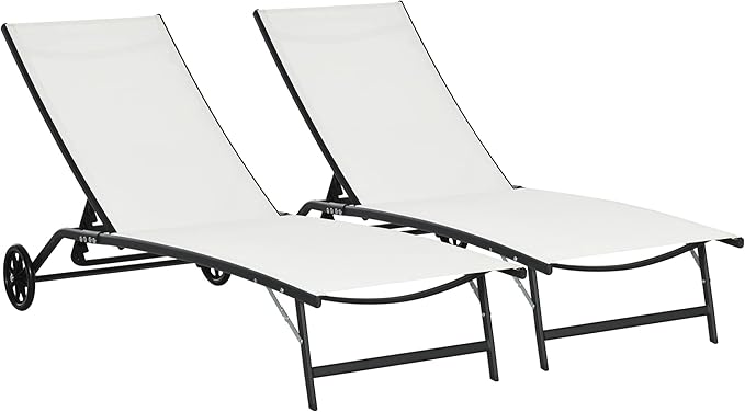 Outdoor, 2 Piece Lounge Chair with Wheels, Tanning Chair with 5 Adjustable Positions