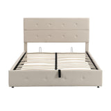 Upholstered Platform Bed, Queen, Beige (500lb Capacity), Gas Lift Storage, Tufted