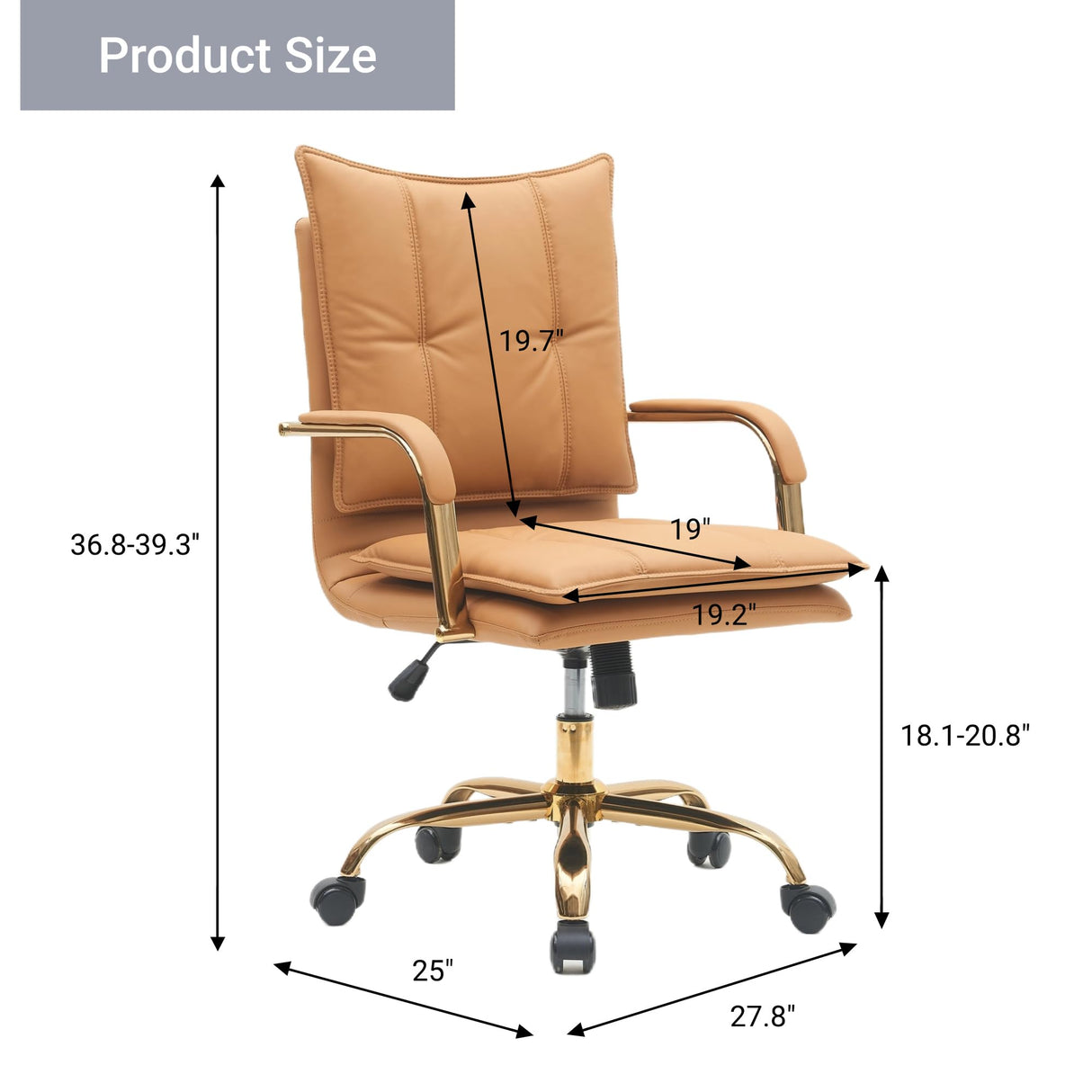 Leather Mid-Back Office Chair with Golden Legs - Camel
