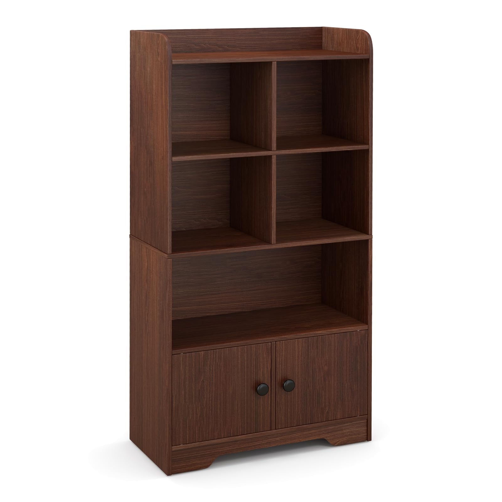 4-Tier Bookcase with Doors, 47.5" Tall Freestanding Wooden Bookshelf with 3 Shelves, 4 Cubes Storage Cabinet Organizer for Kids Room Office Living Room Bedroom Study, Brown