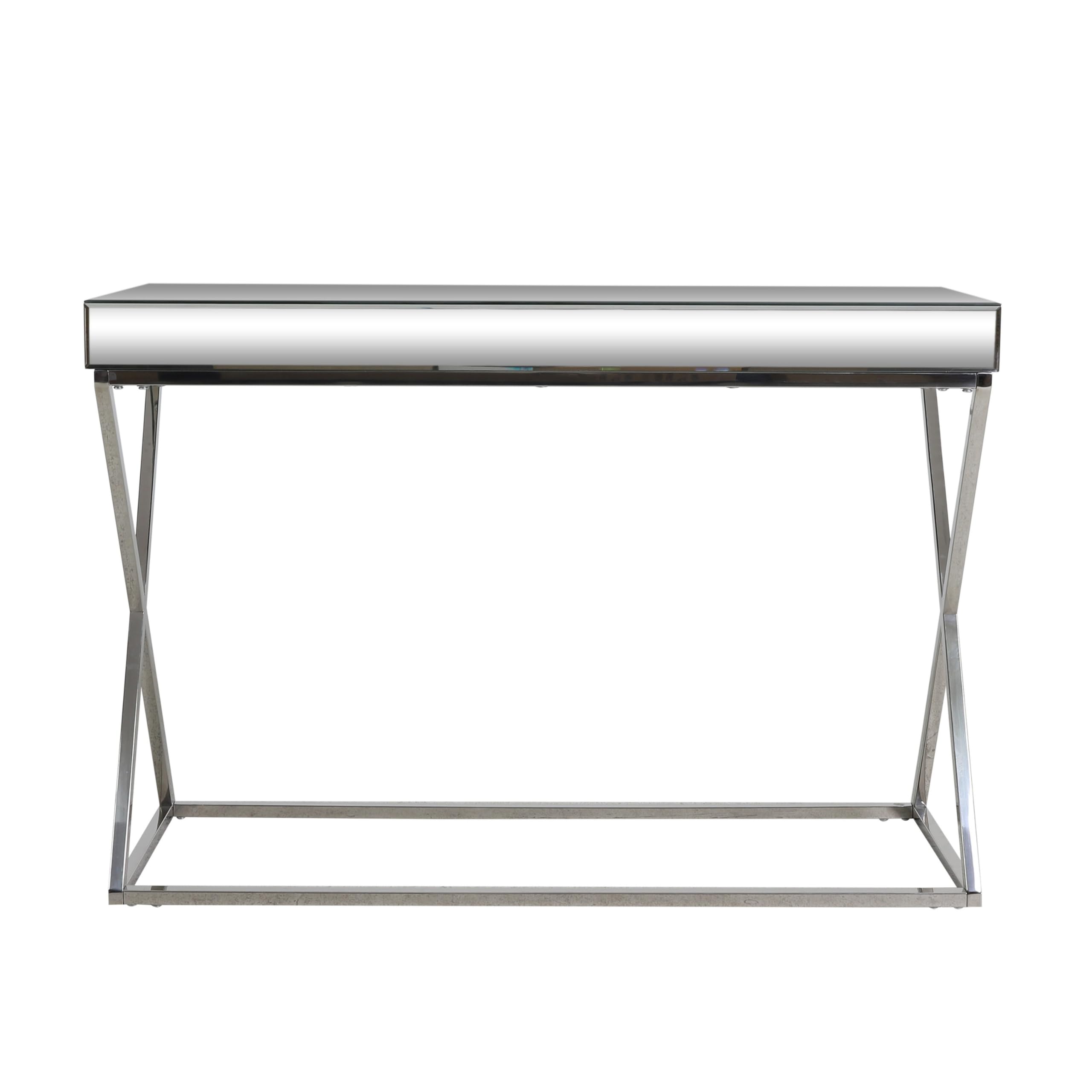 Gei Console Table, 45 Inch Rectangular Mirror Top, Chrome Steel X Base, Silver