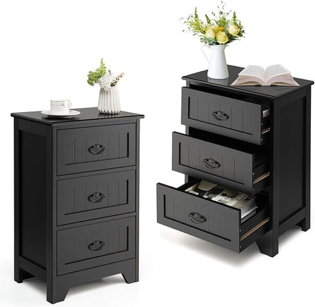 Nightstand with 3 Drawers, Set of 2 Bedside Table with Exquisite Metal Handles