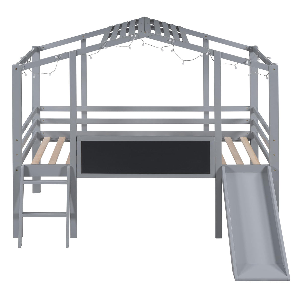 Kids House Loft Bed with Slide, Twin Size Low Loft Bed with LED Lights & Blackboard