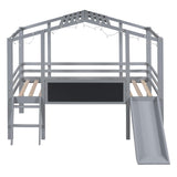 Kids House Loft Bed with Slide, Twin Size Low Loft Bed with LED Lights & Blackboard
