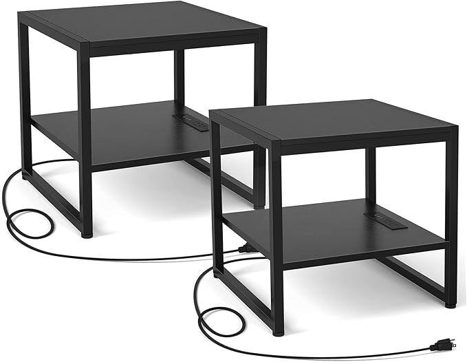 End Table with Charging Station, 20 Inch Square Side Table with USB Ports & Power Outlets