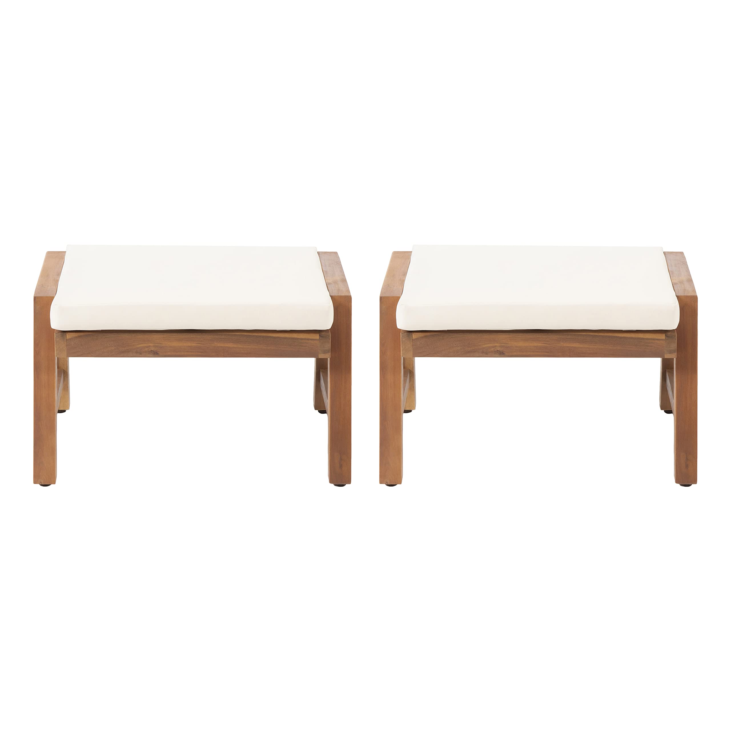 Temecula Outdoor Ottomans with Cushion (Set of 2) - Acacia Wood - Brown/Cream