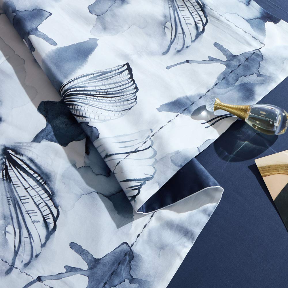 Mildly 100% Long Staple Cotton Duvet Cover Set Dark Blue Ginkgo Leaf Watercolor Comforter Cover Set