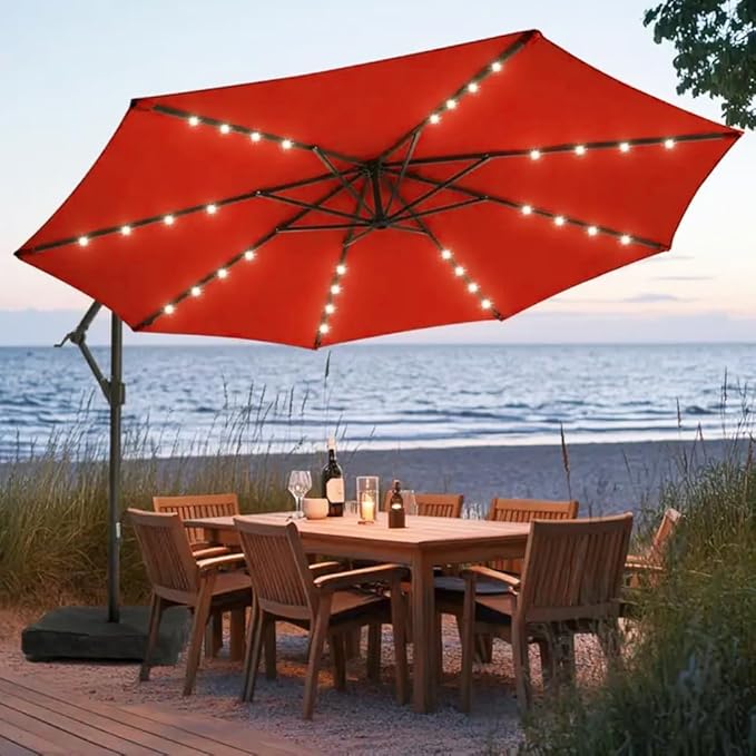 10FT Solar Patio Offset Umbrella with Base Included, Outdoor Cantilever Umbrella Hanging