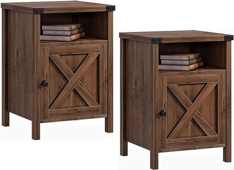 Farmhouse End Table, Set of 2, Rustic Night Stand with Barn Door and Storage Shelf