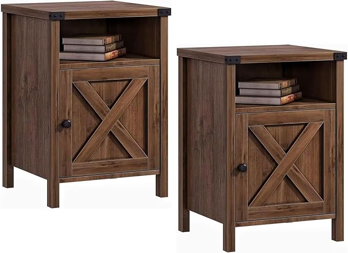 Farmhouse Nightstand, End Table, End Tables with Barn Door and Shelf, Modern Bed Side