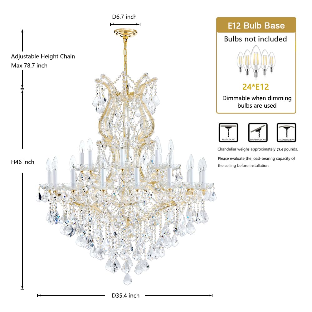 Large Gold Modern Crystal Chandelier Light Fixtures - 24 Lights, Pendant Light Foyer