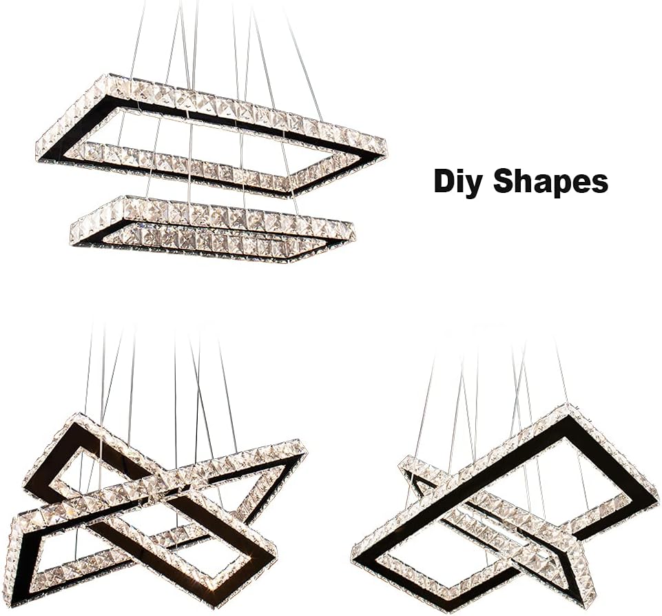 Modern Chandelier 2 Rings Rectangular Crystal Chandeliers LED Pendant Light Adjustable