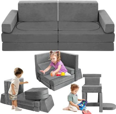 Modular Kids Play Couch Convertible Building Fort Sofa and Cushion 10Pcs Child DIY Floor Sofa for Sleeping Playroom Bedroom for Boys and Girls (Light Gray)