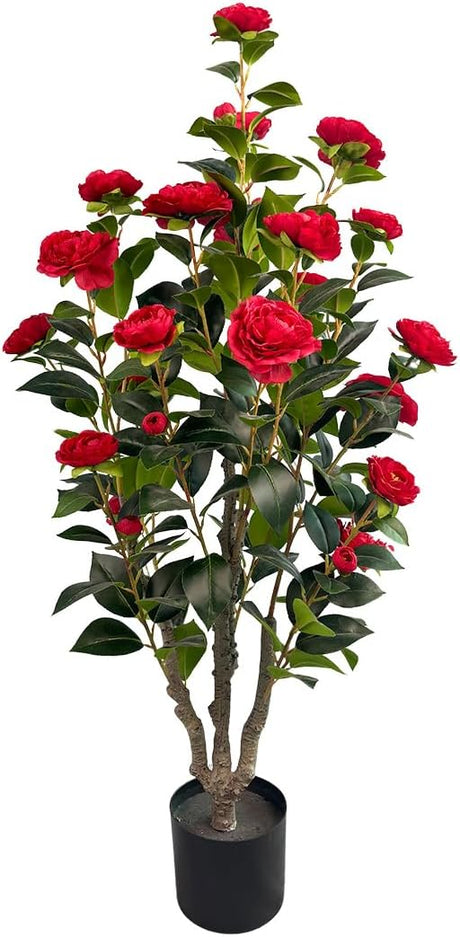 3.4ft Artificial Camellia Tree | Red Flowers & Green Leaves | Indoor Outdoor Decor