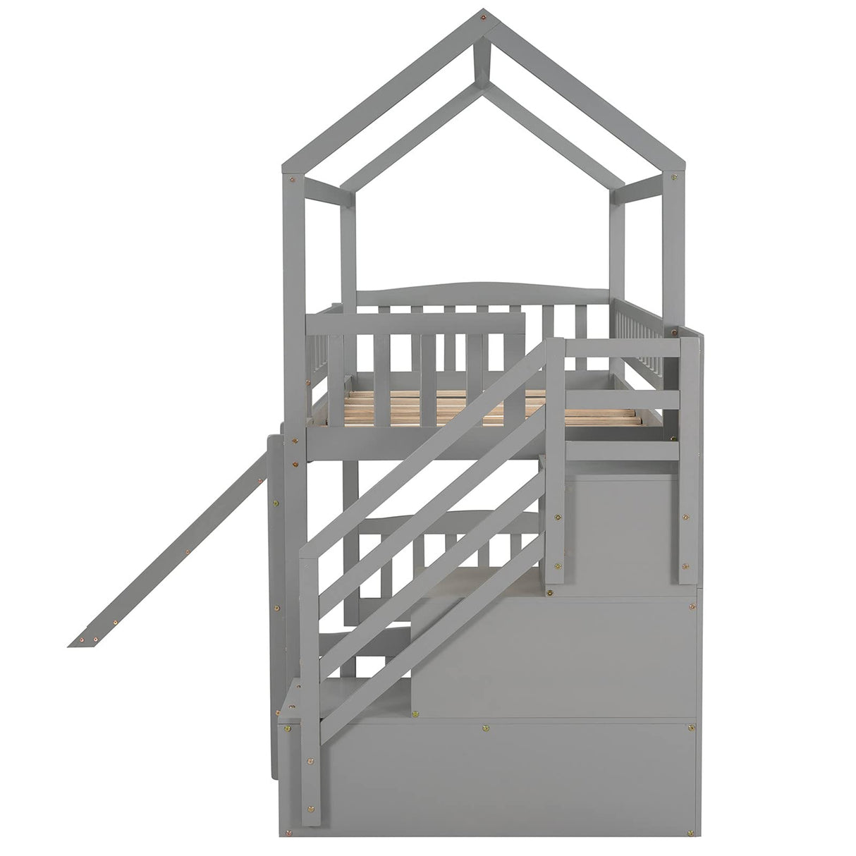 Loft Bed with Slide, House Loft Beds Twin Size with Step Storage Drawers Stairway