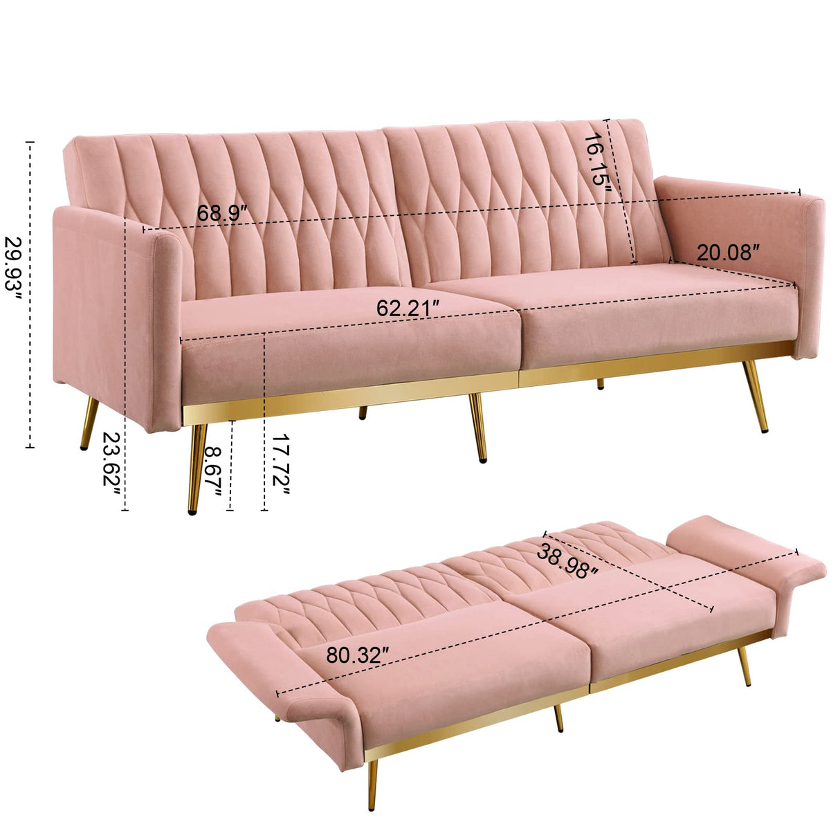 Velvet Convertible Futon Sofa Bed with Golden Metal Legs,