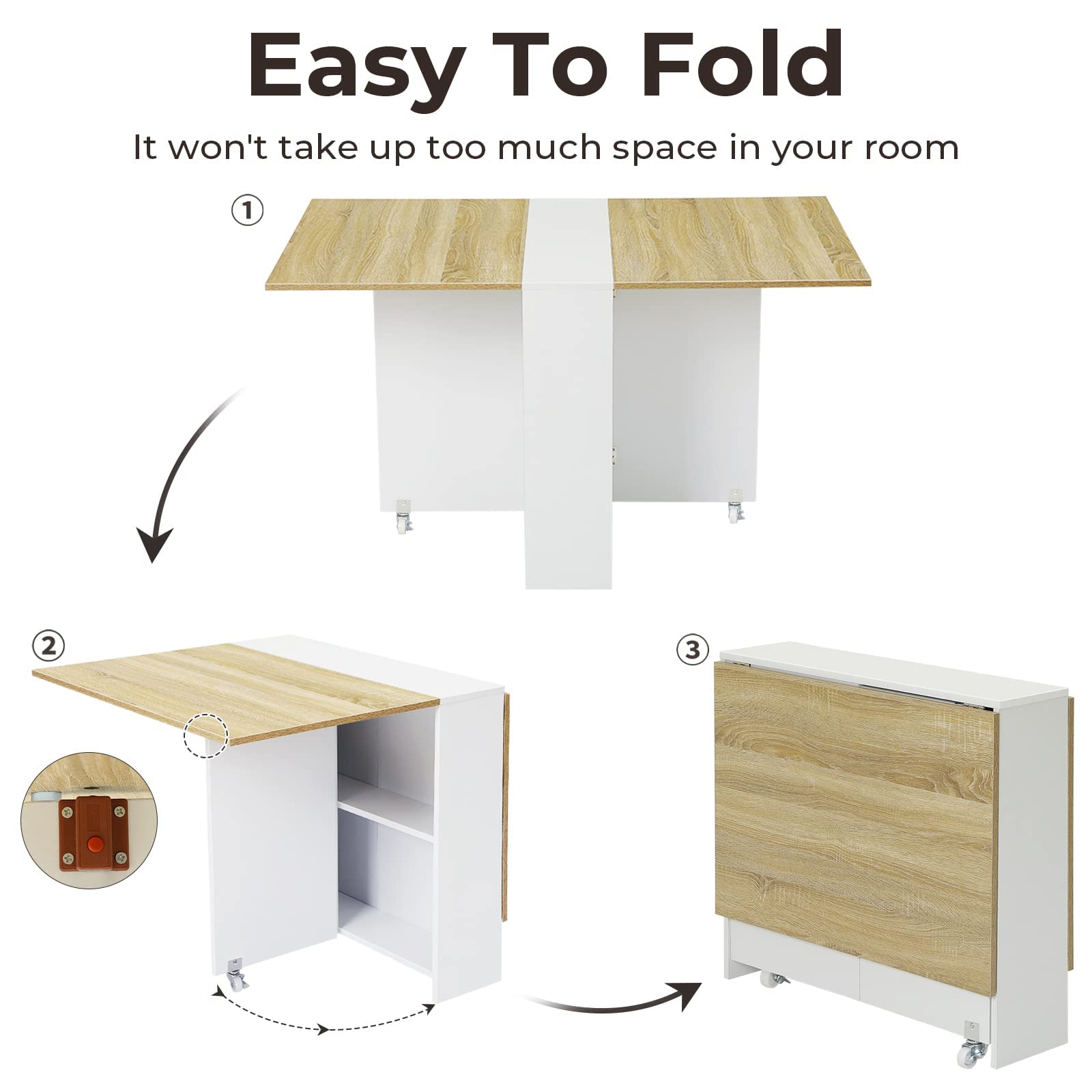 Folding Dining Table, Versatile Dinner Table with 6 Wheels and 2 Storage Racks,
