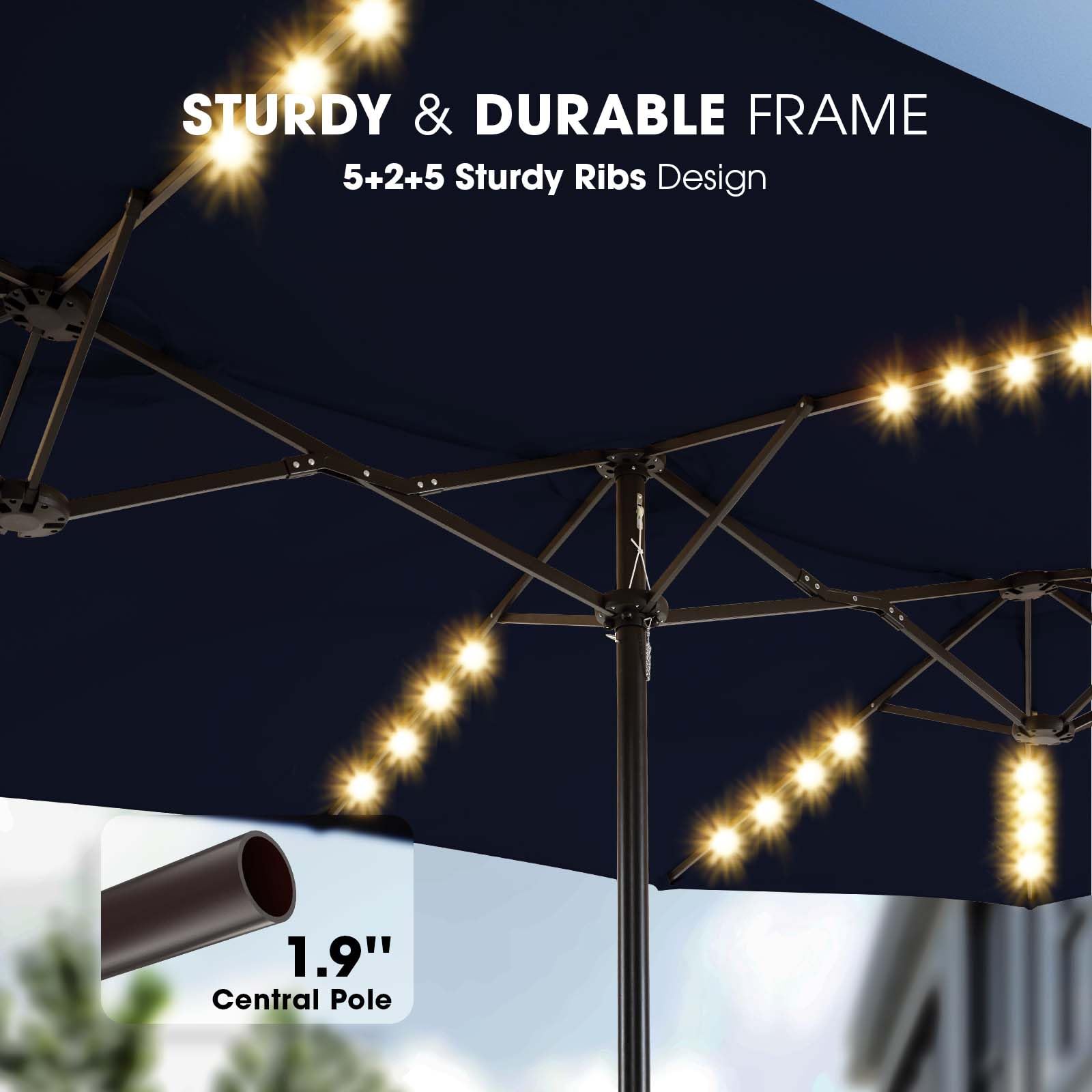 15FT Solar LED Patio Umbrella with Base,Outdoor Double-Sided Umbrella