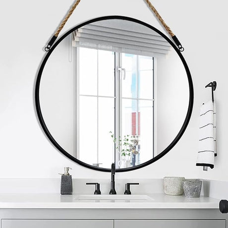 Round Hanging Mirror, Circle Wall Mirror with Rope, 20 Inch Farmhouse Mirror for Bathroom