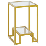 Glass Side Table, Tempered Glass Gold End Table with Shelf and Sturdy Metal Frame