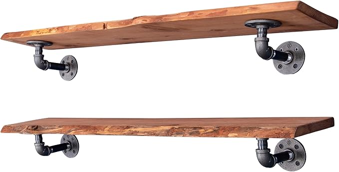 36” Sunset Cedar Live Edge Wood Shelf with Industrial L-Shaped Pipe Brackets (2-Pack)
