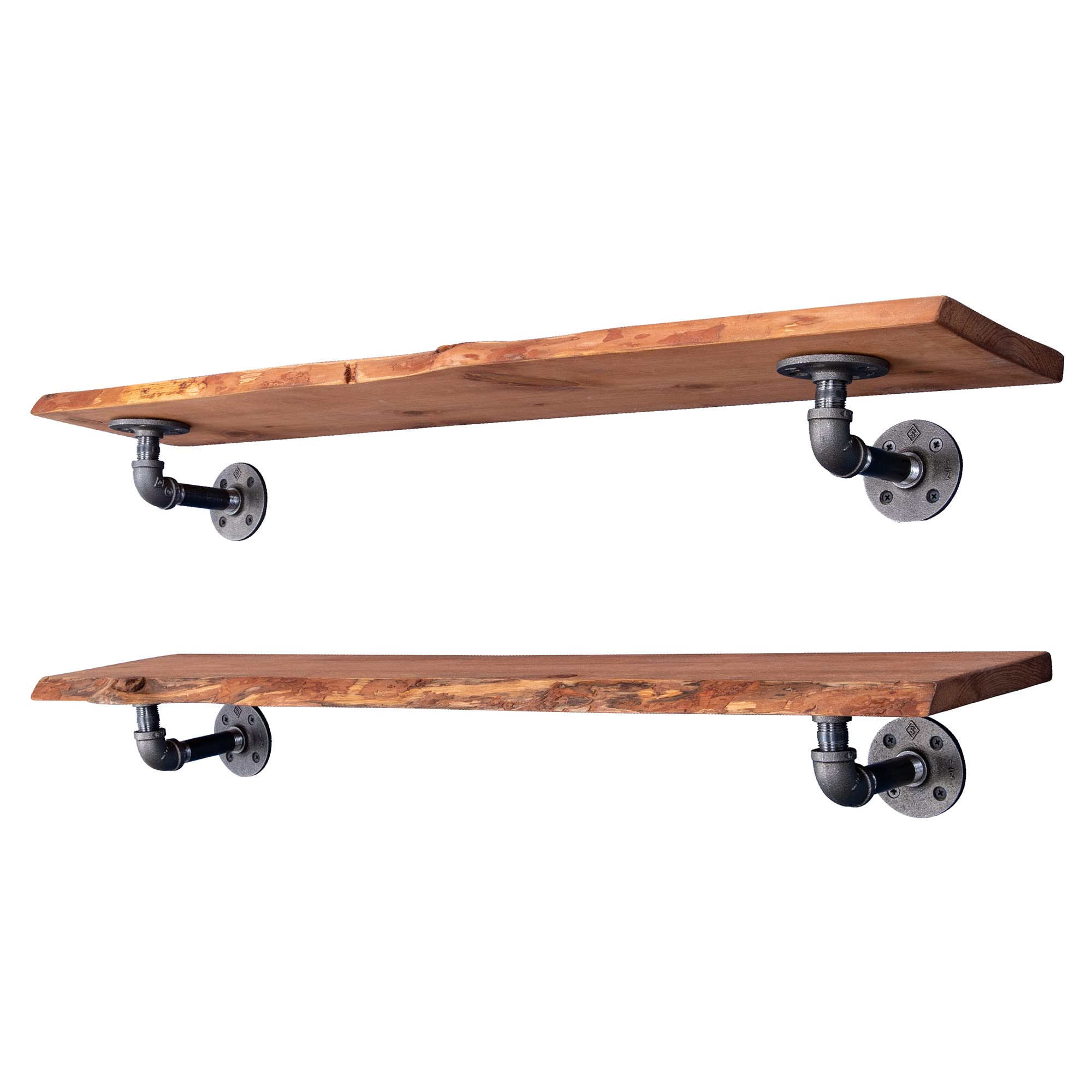 36” Sunset Cedar Live Edge Wood Shelf with Industrial L-Shaped Pipe Brackets (2-Pack)