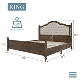 Solid Wood Bed Frame with Upholstered Headboard, King Size Wood Platform Bed