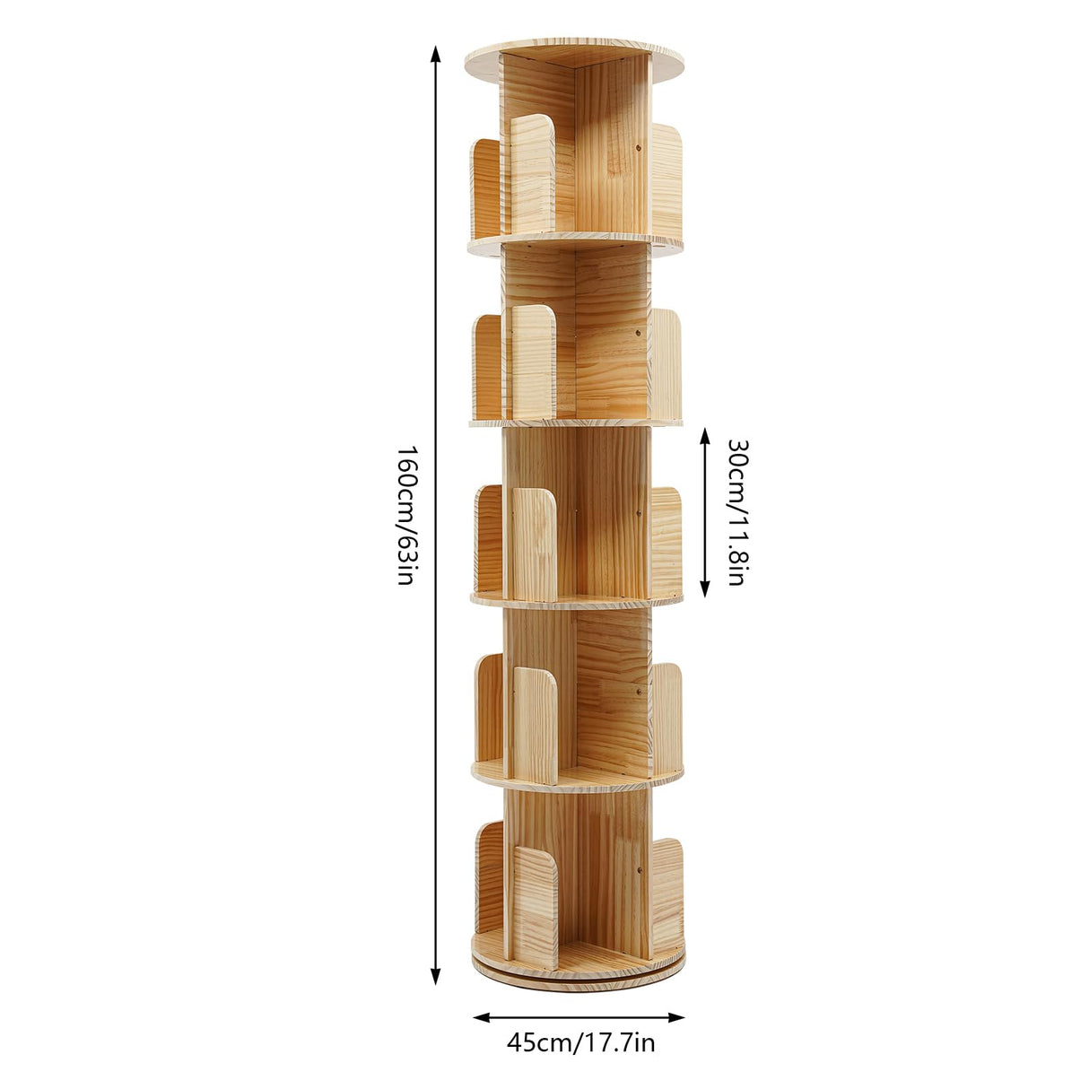 Wood Rotating Bookcase, Floor Standing Cylindrical Book Storage with Baffles Rack, 360