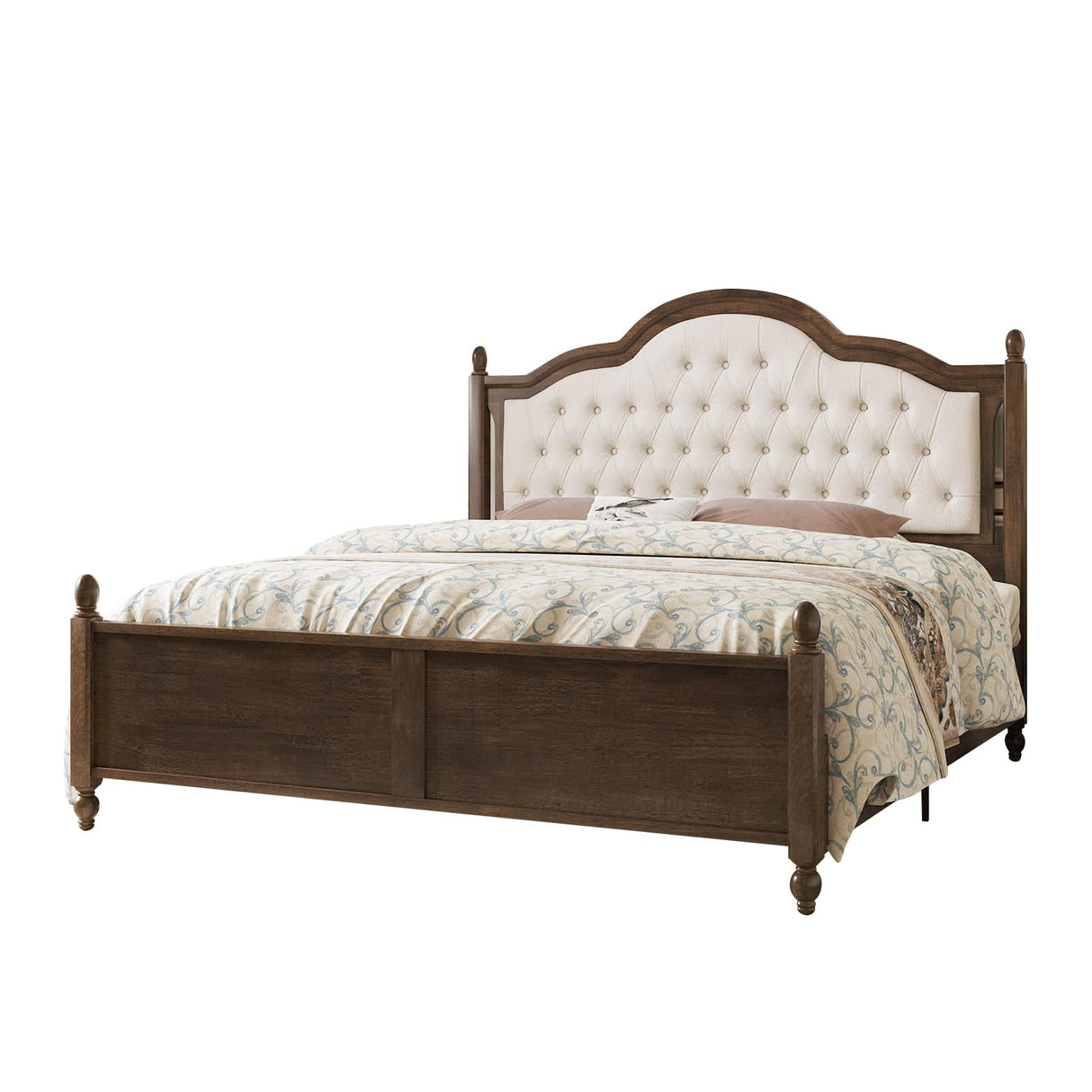 Solid Wood Bed Frame with Upholstered Headboard, King Size Wood Platform Bed