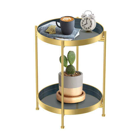 Round Side Table,Gold Metal 2 Tier Tray Metal End Table for Sofa Living Room Tea Table