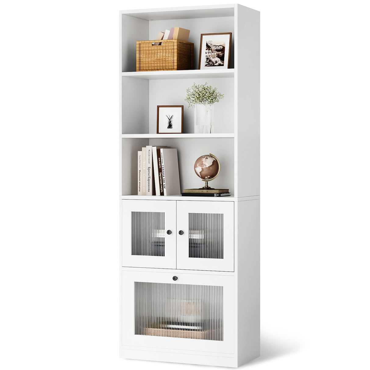 Bookshelf with Doors 2PCS, 5 Shelf Bookcase with Acrylic Cabinet Doors,Modern White