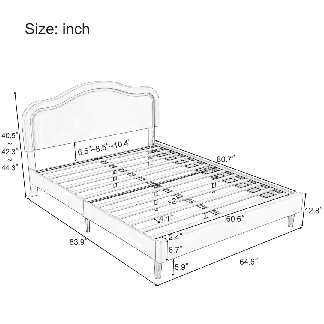 JIJIWANG Queen Size Velvet Upholstered Smart LED Bed Frame with Adjustable Height Headboard,No Box Spring Needed,Easy Assembly,Pink