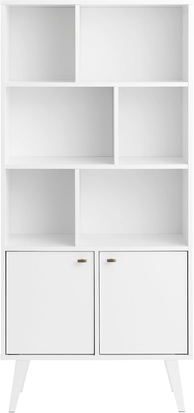 Mid-Century Modern Bookcase with Six Shelves, Two Doors, and Brushed Brass-Finished