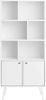 Mid-Century Modern Bookcase with Six Shelves, Two Doors, and Brushed Brass-Finished