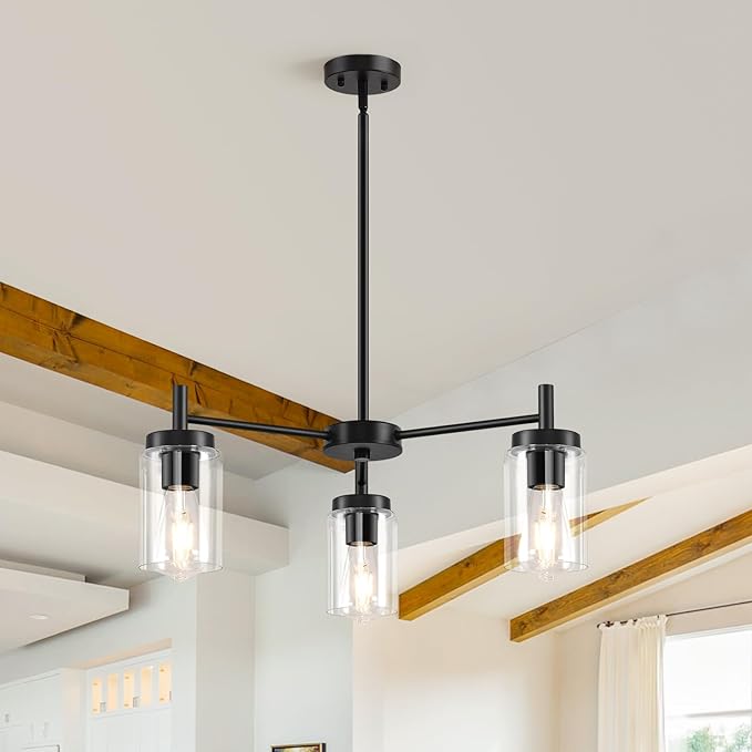 3 Lights Brushed Nickel Modern Farmhouse Chandelier for Dining Room with Glass Shade